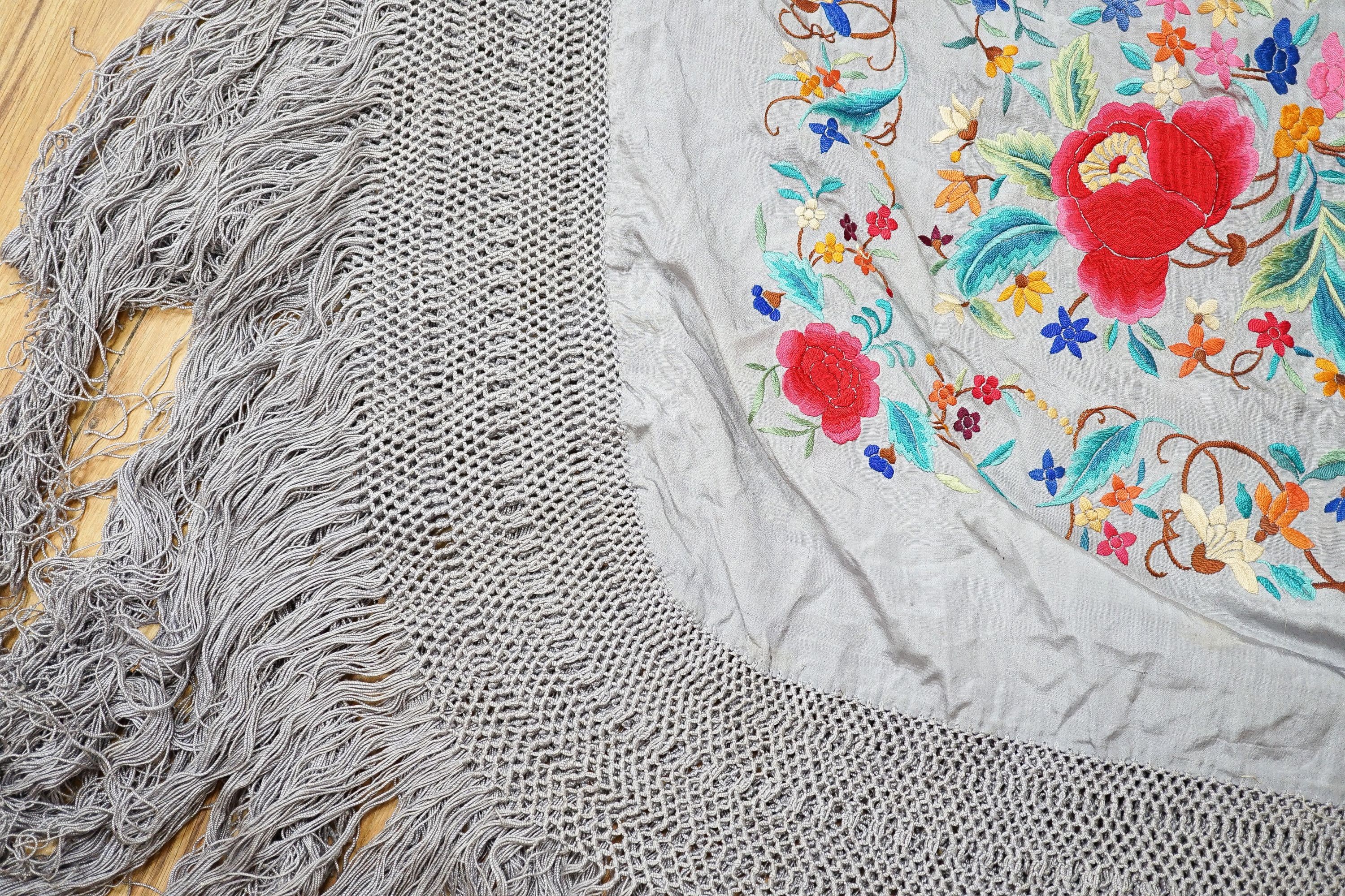 A large 19th century grey embroidered polychrome silk shawl 163x153cm